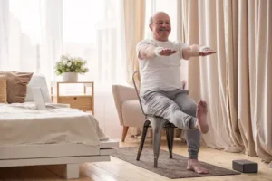 Senior man engaging in a chair workout for seniors, lifting his legs while seated in a bright, cozy bedroom. Promoting senior fitness, balance, and flexibility, this low-impact exercise program for seniors supports mobility and independent living.