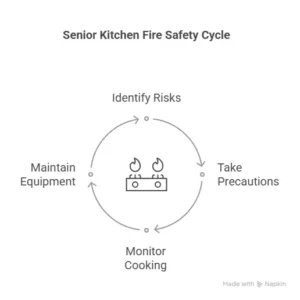 Diagram showing the important elements of kitchen fire safety for seniors - thrive at home network